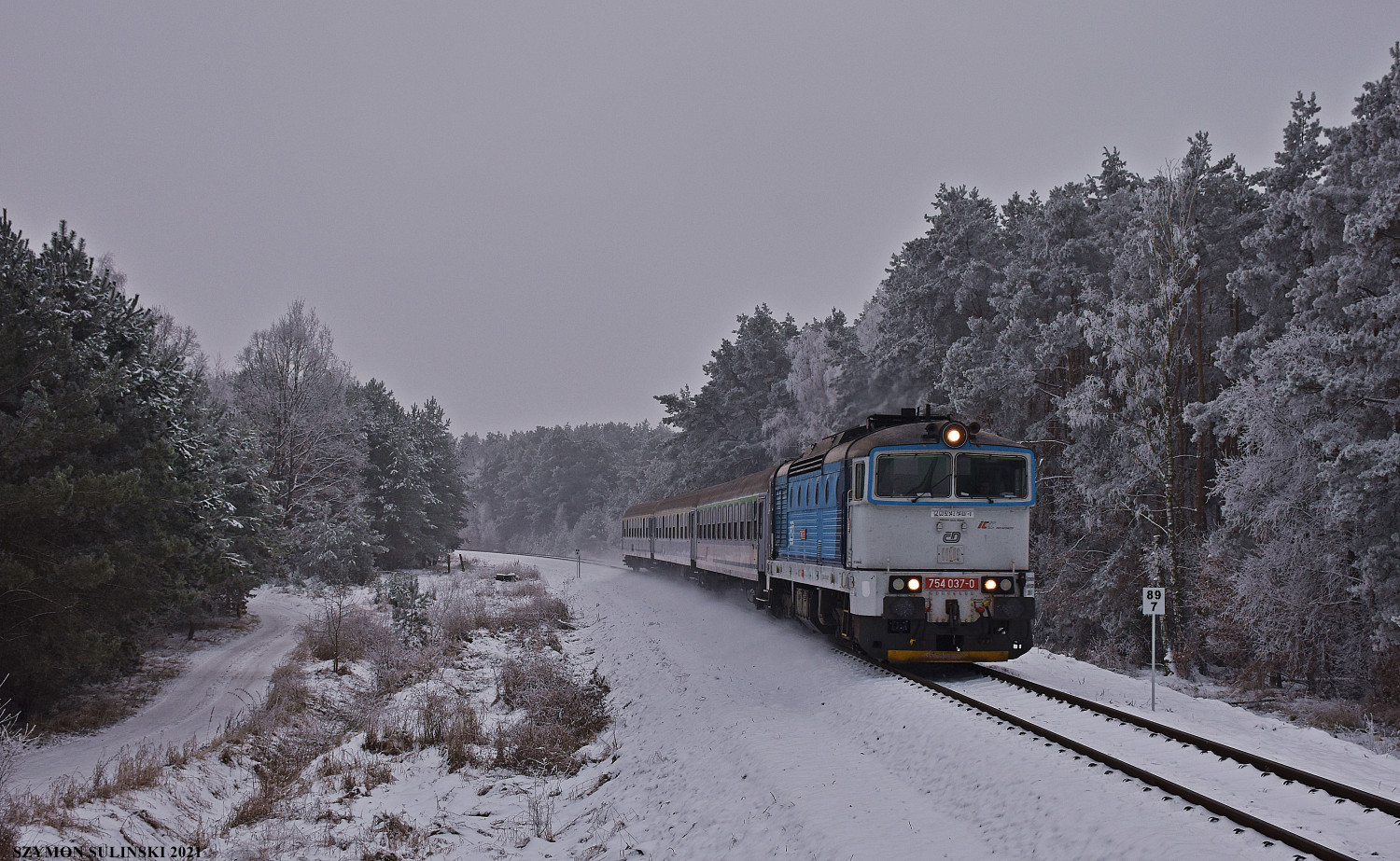 Lokomotywa 754 037-0 dzierżawiona przez spółkę PKP Intercity od Kolei Czeskich wyjechała z Sierpca w zimowej scenerii z  pociągiem TLK 45103 Flisak relacji Katowice – Gdynia Główna w drugim dniu kursowania